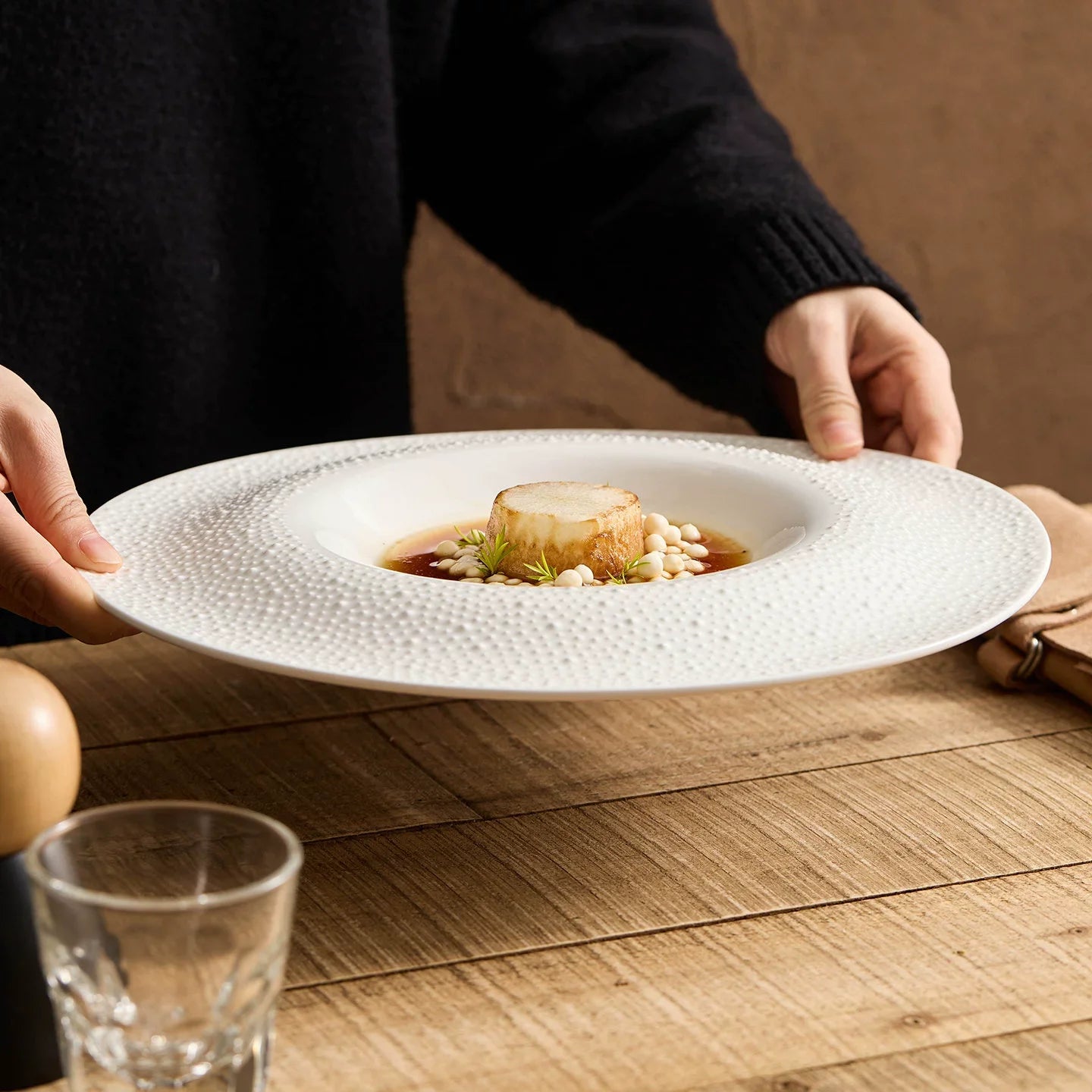 Sesame Point 12-Inch Round Well Plate – Artisanal Textured Fine Ceramic