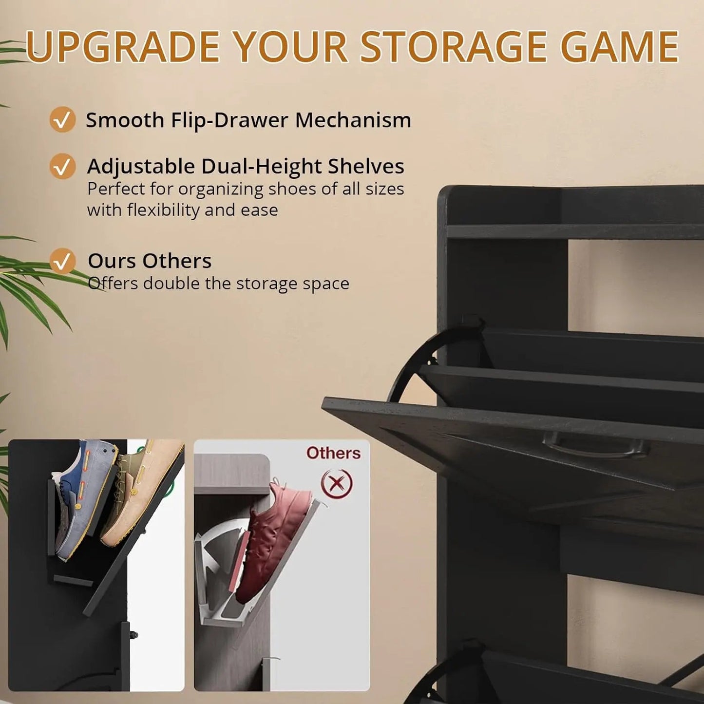 Farmhouse Shoe Storage Cabinet with 2 Flip Drawers – Freestanding Organizer with Metal Legs for Entryway, Narrow Shoe Rack