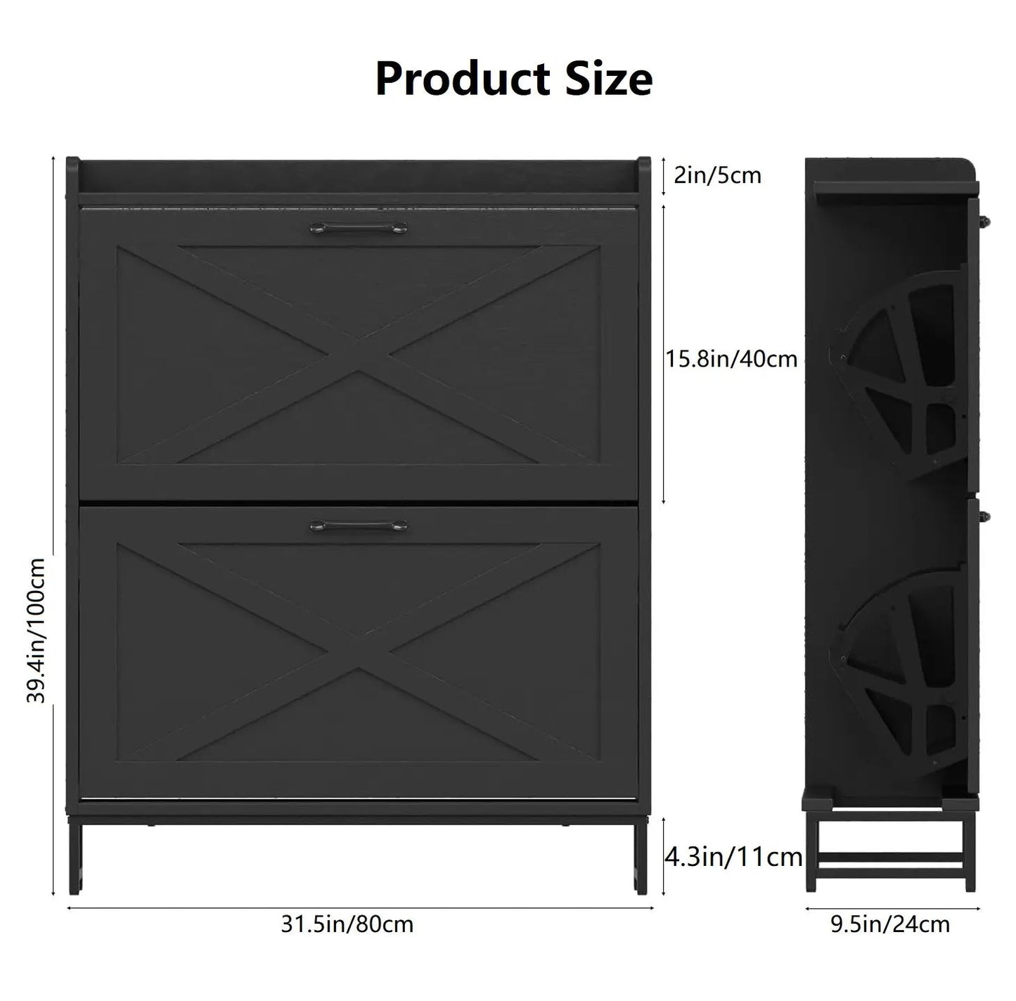 Farmhouse Shoe Storage Cabinet with 2 Flip Drawers – Freestanding Organizer with Metal Legs for Entryway, Narrow Shoe Rack