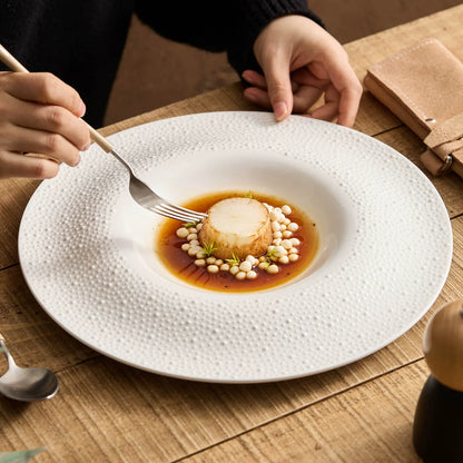 Sesame Point 12-Inch Round Well Plate – Artisanal Textured Fine Ceramic