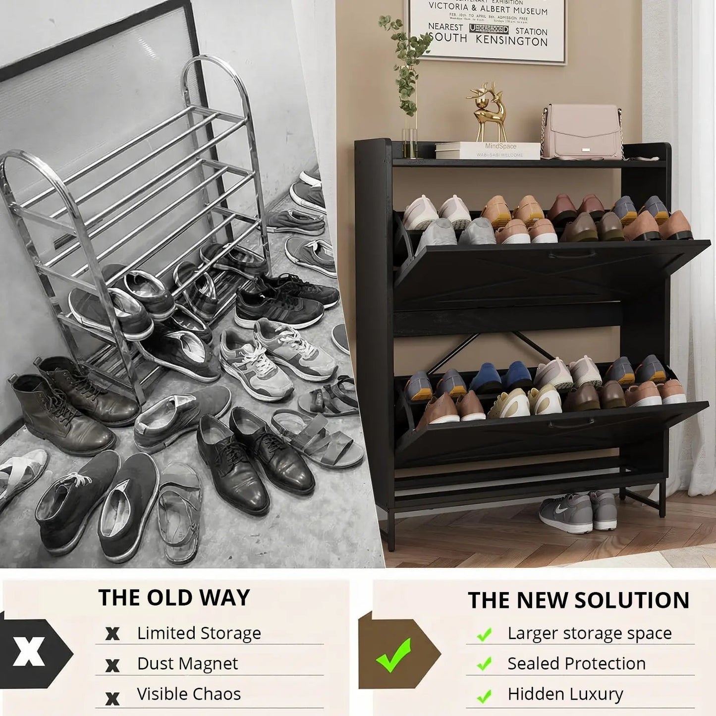 Farmhouse Shoe Storage Cabinet with 2 Flip Drawers – Freestanding Organizer with Metal Legs for Entryway, Narrow Shoe Rack